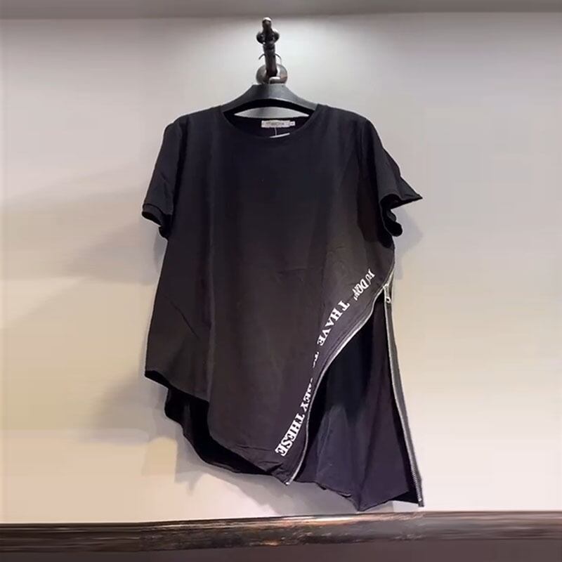 ラウンドネックジッパーTシャツ シャツ サマー 大きめサイズ 夏物 Oネック ミックスインファッション37944190775