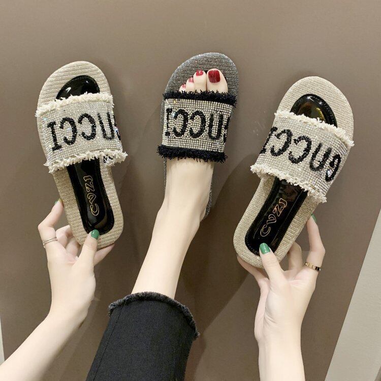 【新作】【送料無料】 eigntrade卸売バージョンフラットスリッパ2020女性の夏のアウターウェアネット赤いラインストーンビーチサンダル-アリババ レッド ミュール 靴 シューズ サマー 夏物 10b684611825248