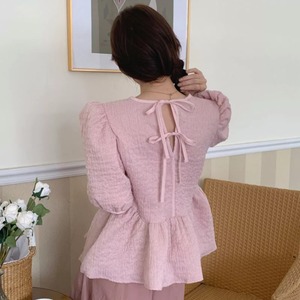 ラウンドネックパフスリーブ透かし彫り用途が広い韓国スタイルブラウスbl251801