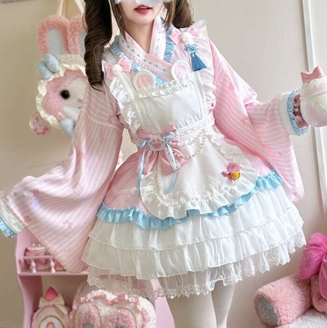 【フリーサイズ】全2カラー　クマさんロリィタメイドフルセット　kos23★