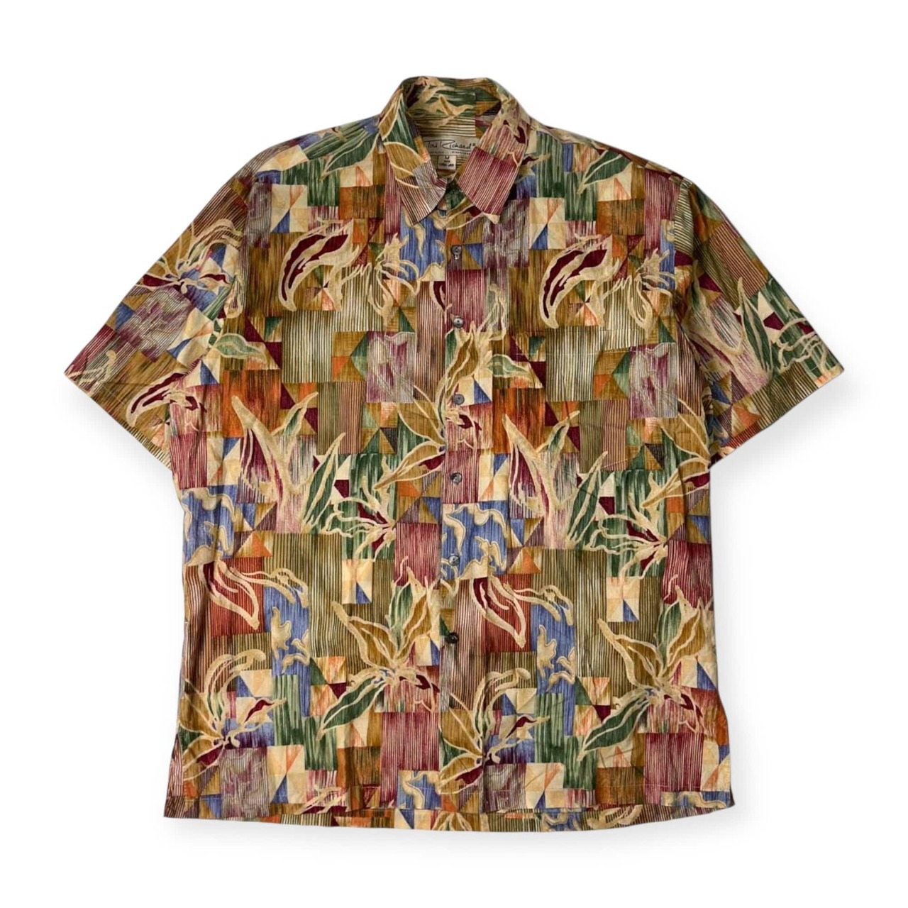 90s USA製 Tori Richard トリリチャード ストライプ風 ボタニカル 半袖アロハシャツ ハワイアンシャツ M/マルチ メンズ ビンテージ