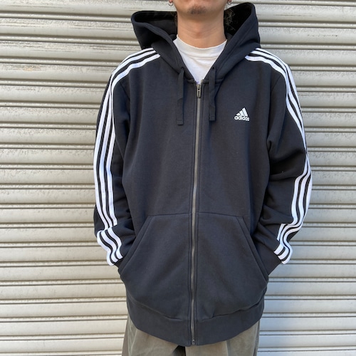 タグ付き未使用品 adidas ストライプスウェットフルジップパーカー 黒 XL