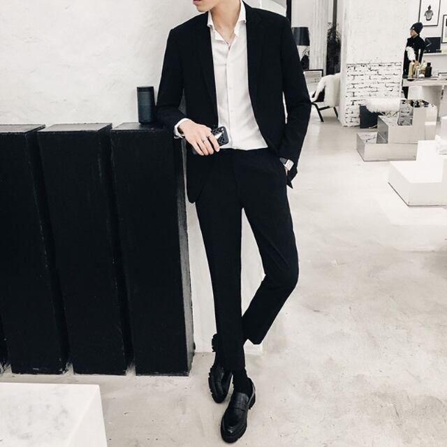 【予約販売】メンズ セットアップ スーツ 無地 シングル シック スリム シンプル 韓国 男前 ライトグレー/ダークグレー/ブラック ジャケット パンツ セット セットアップ ビジネス 通勤 フォーマル パーティ 二次会 同窓会 結婚式 韓国 こなれ感 トレンド 春 大きいサイズ S/M/L/XL/2XL/3XL/4XL/5XL/6XL/7XL