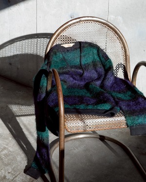 vintage “Byford” shaggy mohair blend V-neck sweater / deep green & purple border / Made in ENGLAND