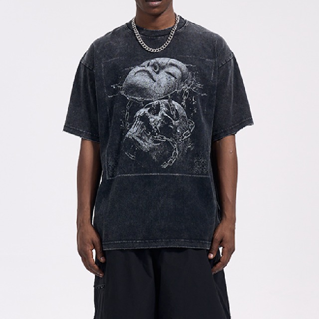 【DRIP1911】D/B Washed Damaged Face Print Tee