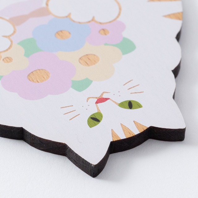 花束のやさしいねこ〈白〉｜猫雑貨・木製コースター・ウッドプレート