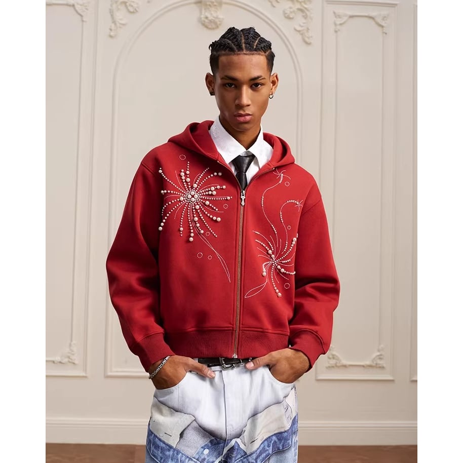 DRIP6834】YAD CREW Fireworks Pearl Embroidered Zip Hoodie | DRIP