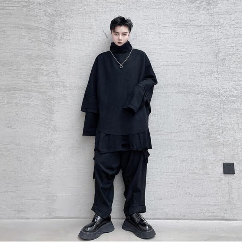 メンズ モード系 タートルネック ハイネック 7分袖 セーター 黒コーデ 個性的 ビッグシルエット ゆったり ストリート系 原宿系 オルチャン 10代 代 サブカル系専門店 Ladies Fashion Seasonz