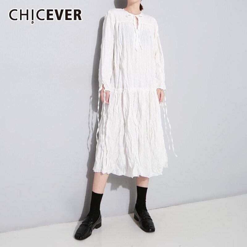 CHICEVERレディースドレスレースアップOネック長袖ホワイトシャーリングルーズオーバーサイズドレス洋服 ロング 6base561620687565