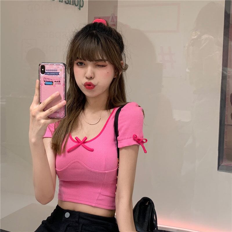 ボウピンクTシャツレディースサマースリミング半袖半袖2020新作スリムショートトップインタイド ブラックストロベリース66626778456