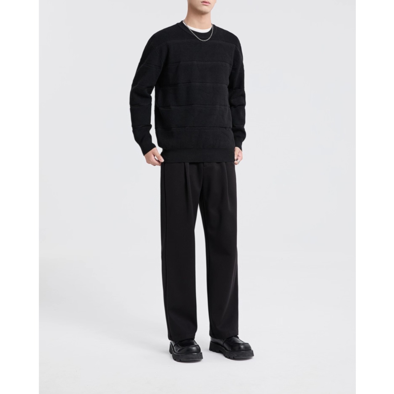 水平ラインデザイン ラウンドネックニット af0348