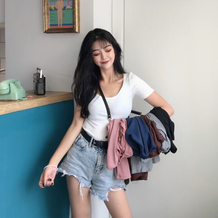 ベーシックソリッド カラー薄手Tシャツ スタイルトップス レディース ソリッドカラー ドラファッションホール95547246573