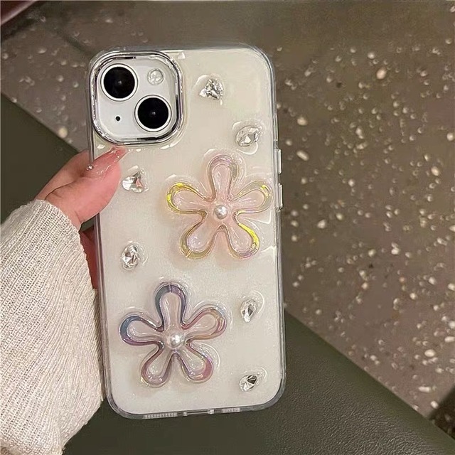 iPhoneケース iPhone14 iPhone13 クリアケース 花 オーロラ ラインストーン かわいい スマホケース おしゃれ 韓国 2597