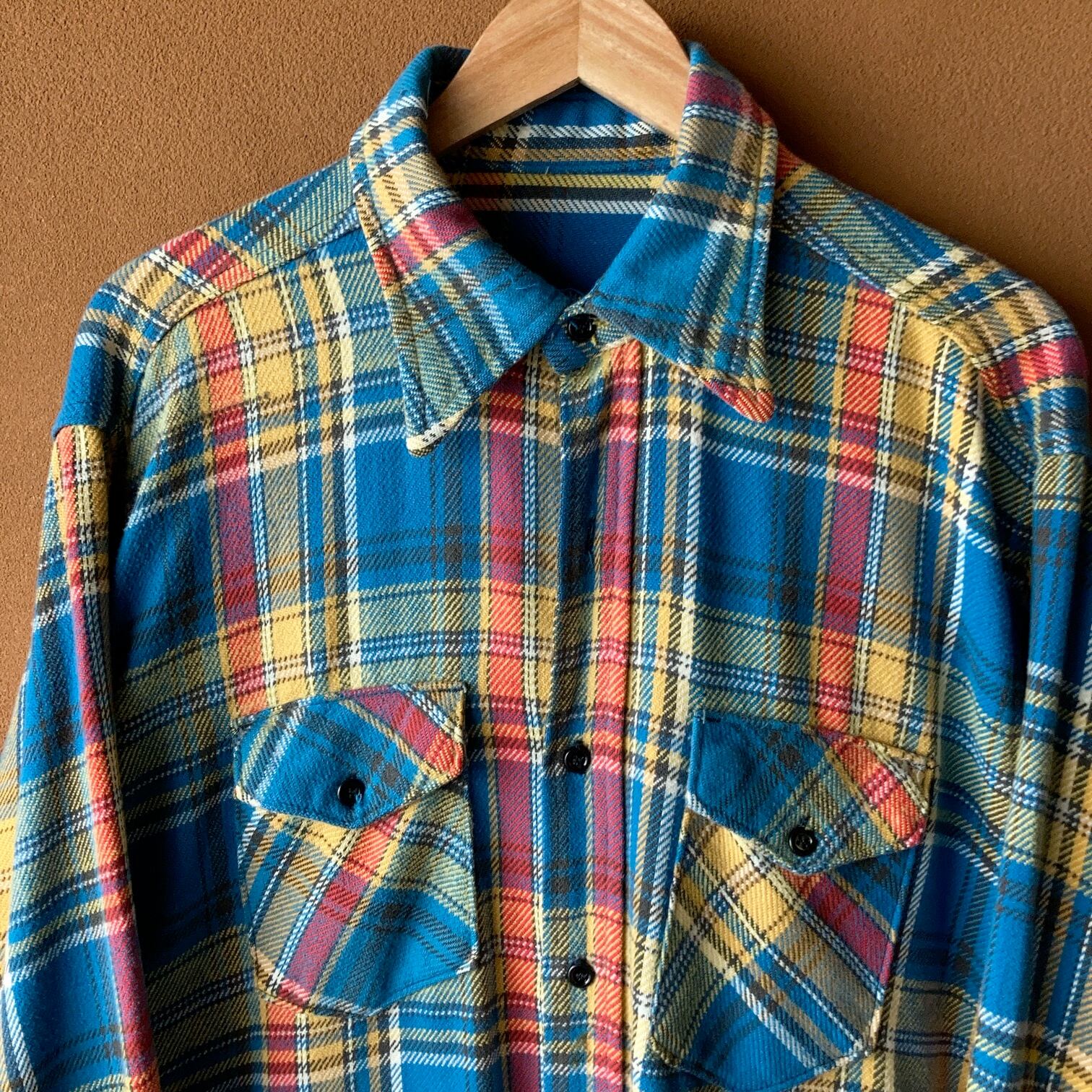 70s カナダ ヘビーフランネルチェックシャツ XL ブルー グリーン ss36