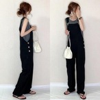 シンプル 体型カバー ベーシック かっこいいサロペットパンツ パンツ オーバーオール ロング丈 カジュアル おしゃれ 夏 レディース オールインワン 可愛い ボーイッシュ ワイドパンツ 楽ちん こなれ感 オールシーズン ブラック 黒 春 夏 秋 20代 30代 40代 50代