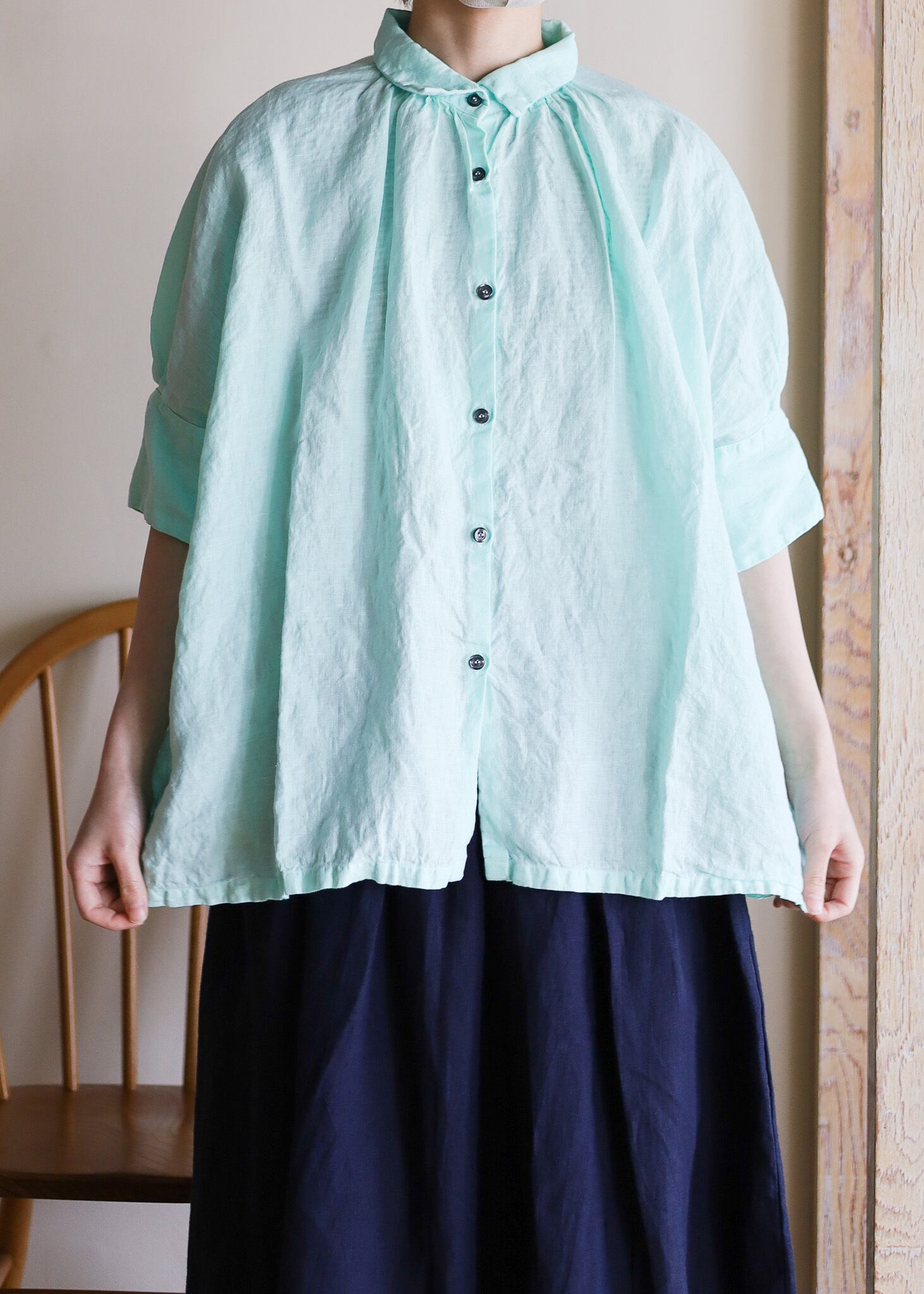 Honnete - Overdyed Irish Linen ハーフスリーブ リネンギャザー 
