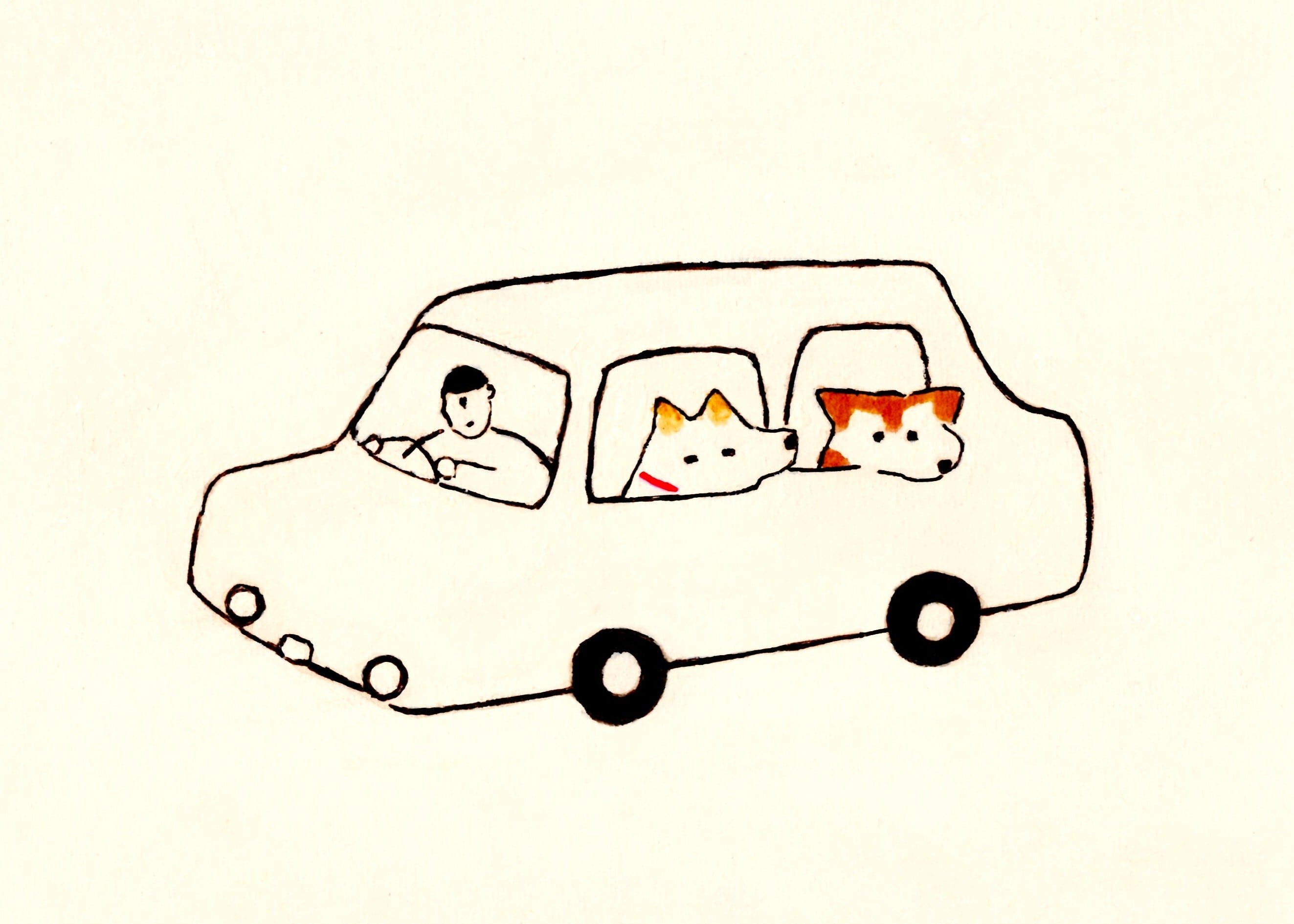 原画・イラスト】「ドライブ」 ※木製額縁入り（インチサイズ）犬の絵
