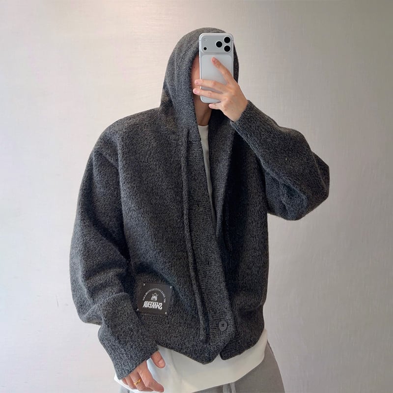 dannyandzee厚手ボタンフード付きカーディガン