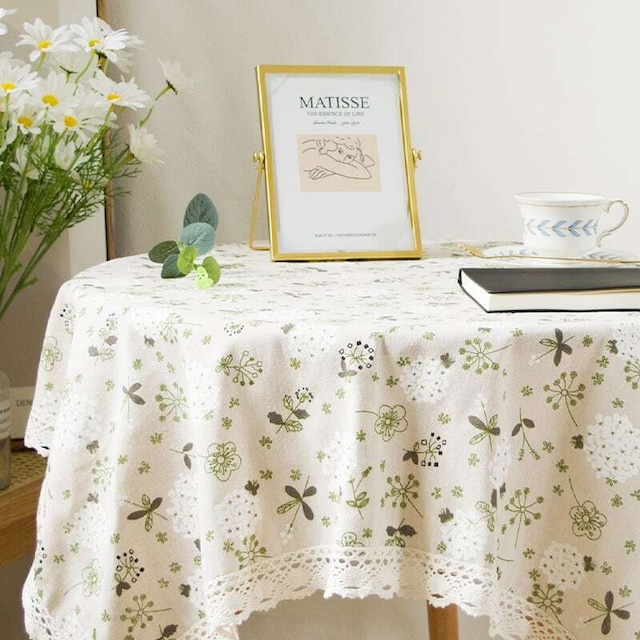 【TABLECLOTH】フラワーロゴレースフリルリネンテーブルクロス