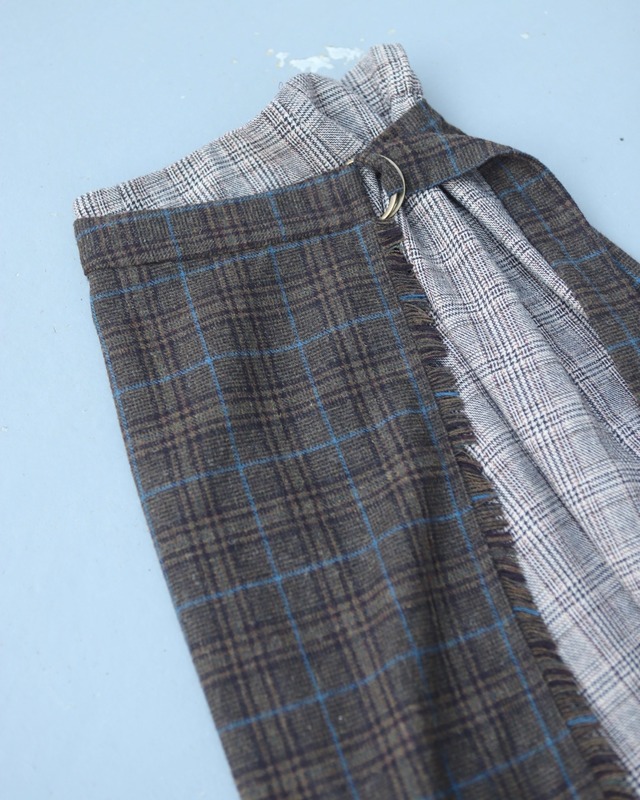 fringe check long skirt