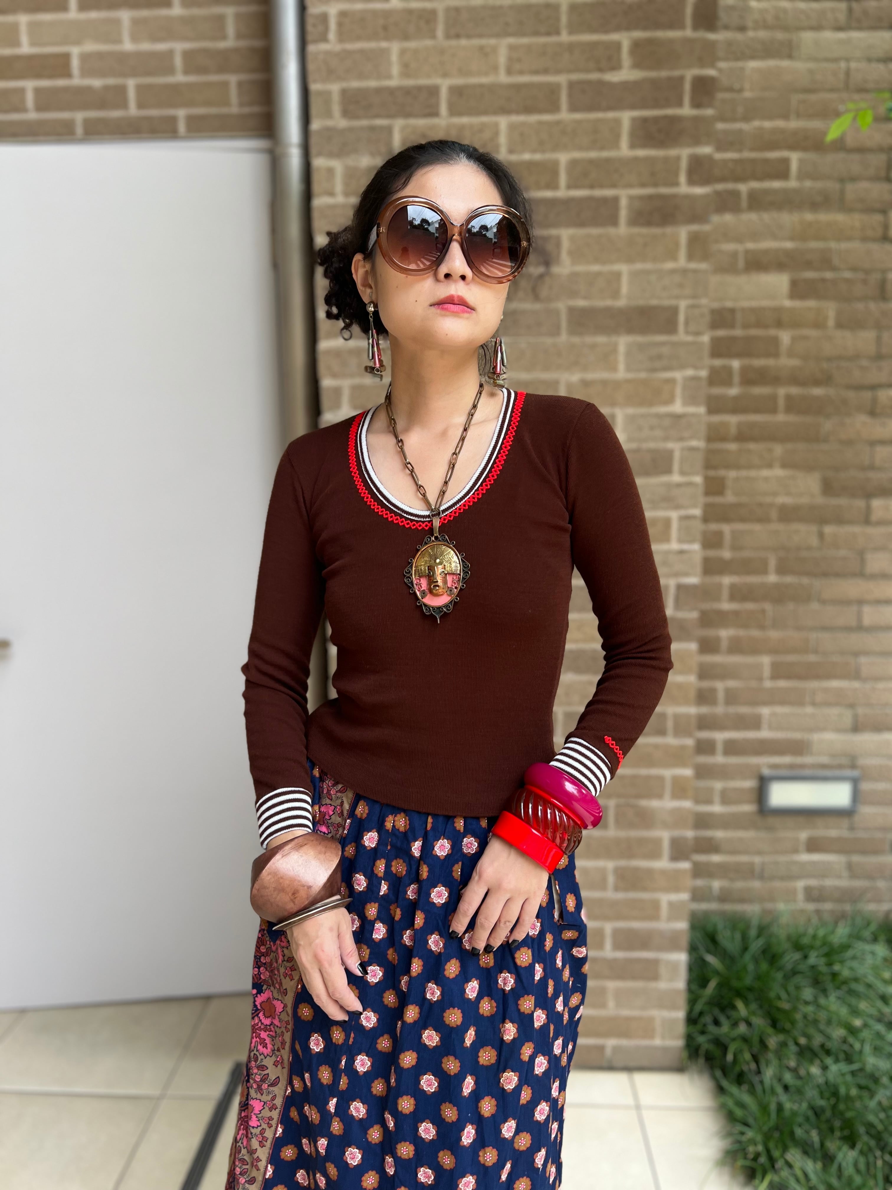 70s dark chocolate brown Acryl knit tops ( ヴィンテージ ダーク