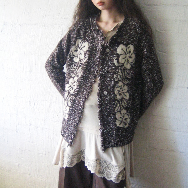 floral jacquard wool blend cardigan<t3154>