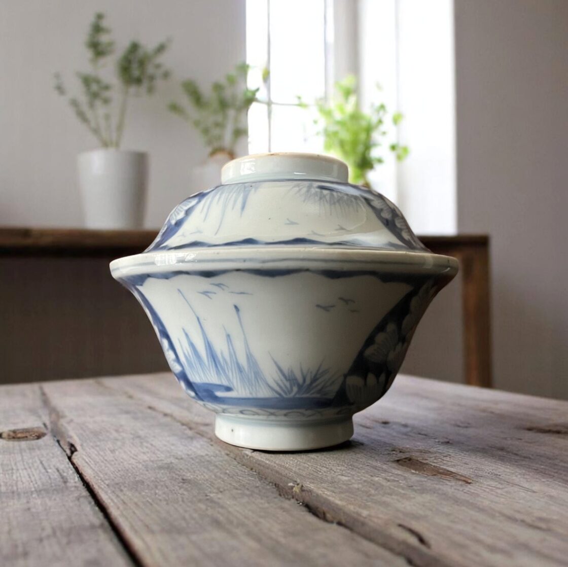 古伊万里 染付 牡丹図 蓋付き煮物碗（マルバツ入） | PAY ID