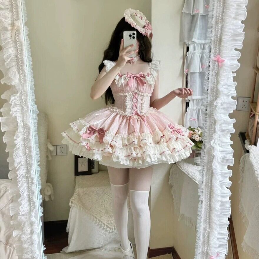 甘ロリ ピンク ワンピース フリル リボン レース ロリータ ロリータファッション 甘ロリピンクフリルワンピース | ロリィタ