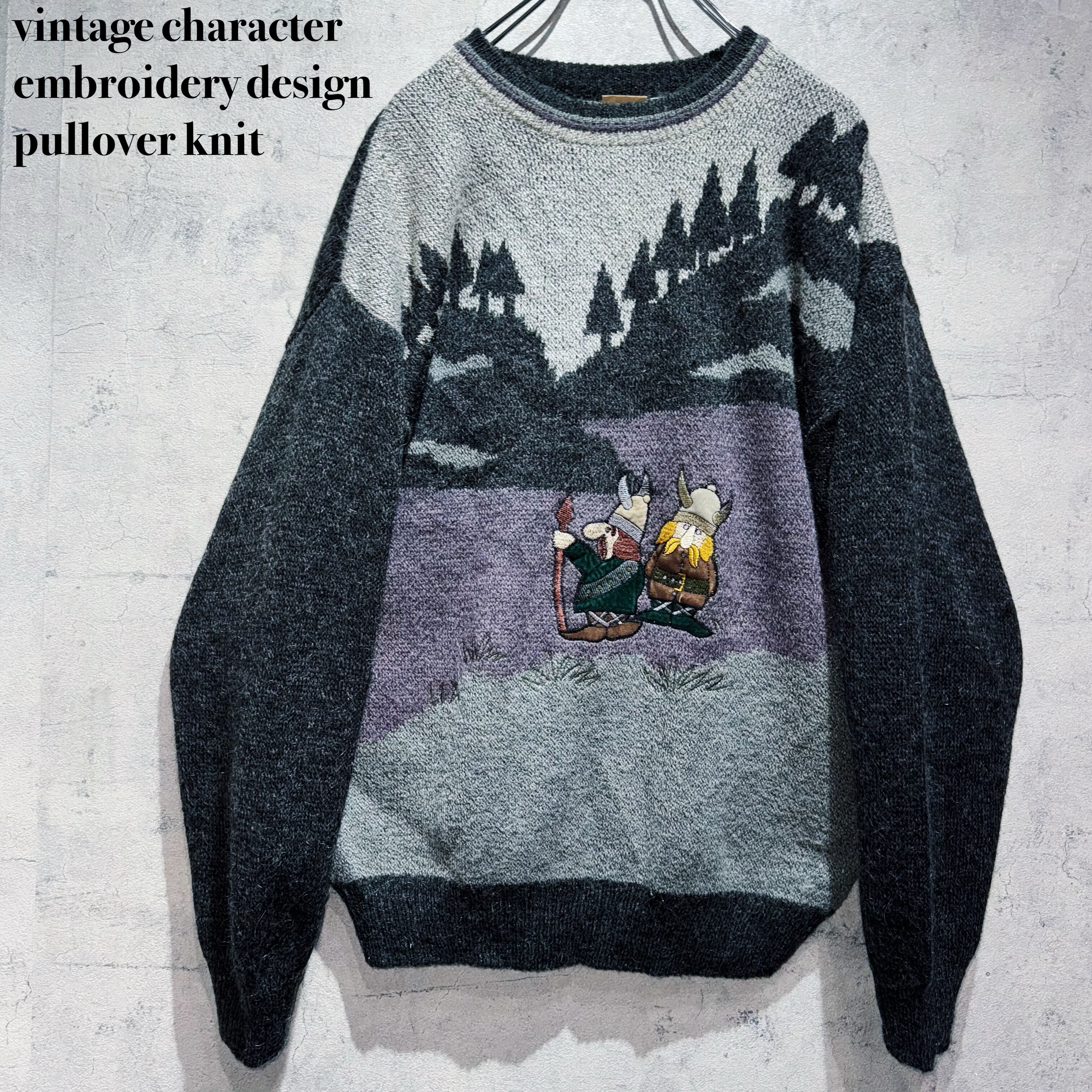 vintage character embroidery design pullover knit