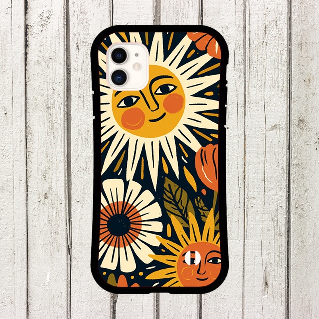 受注生産 iPhoneケース 太陽の顔と花の民芸柄｜太陽モチーフ FMSY065B