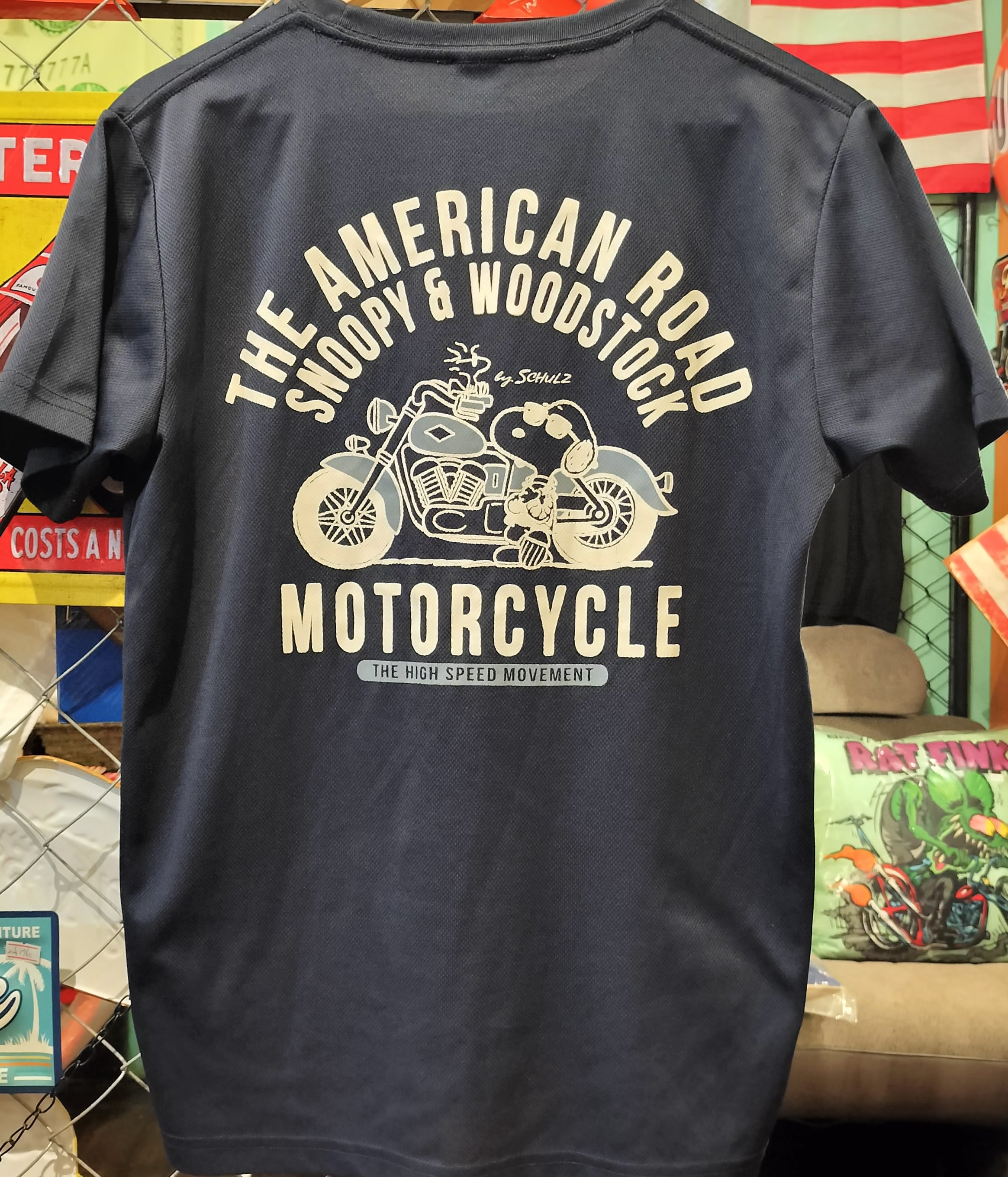 Used 半袖Tシャツ◆M Peanuts motorcycle 半袖シャツ ネイビー 夏素材◆ヴィンテージ 古着 アメリカン