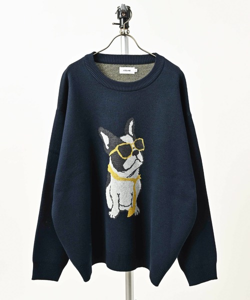 ATELANE Acrylic/Cotton Double Jacquard Sweat-Style French Bulldog Crew Neck (NAV) 26A-21013