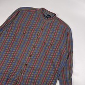 80s 90s リネン混 Polo by Ralph Lauren ポロ ラルフローレン BENFORD チェック バンドカラー 長袖 シャツ  L /レッド系 メンズ ヴィンテージ