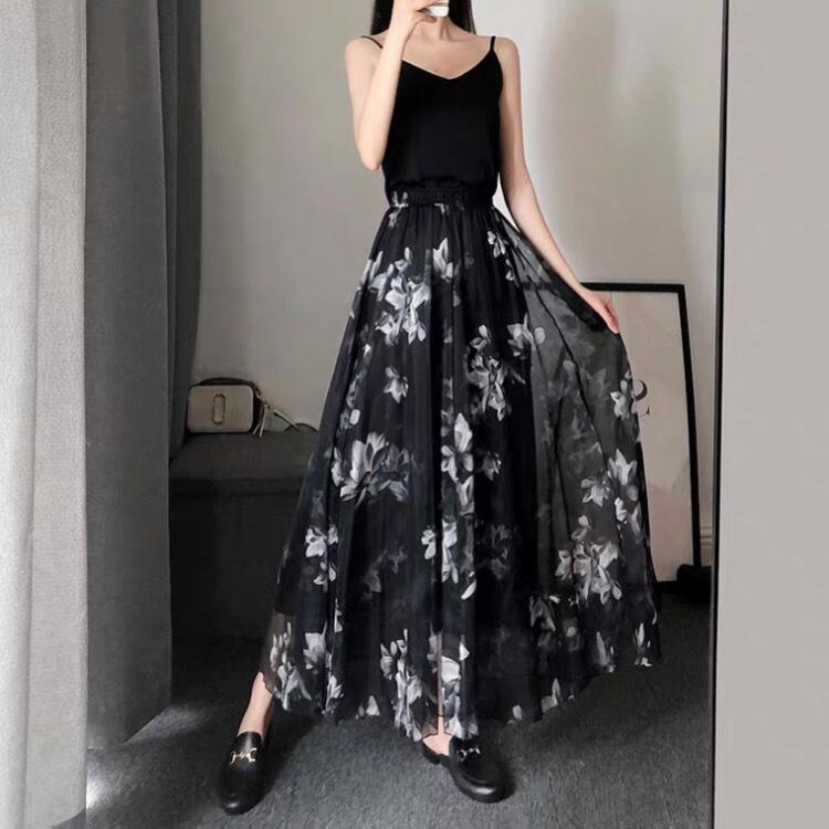 水墨画プリントサマースーパーロングシフォンアンブレラスカートブラックsklb261801