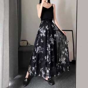 水墨画プリントサマースーパーロングシフォンアンブレラスカートブラックsklb261801