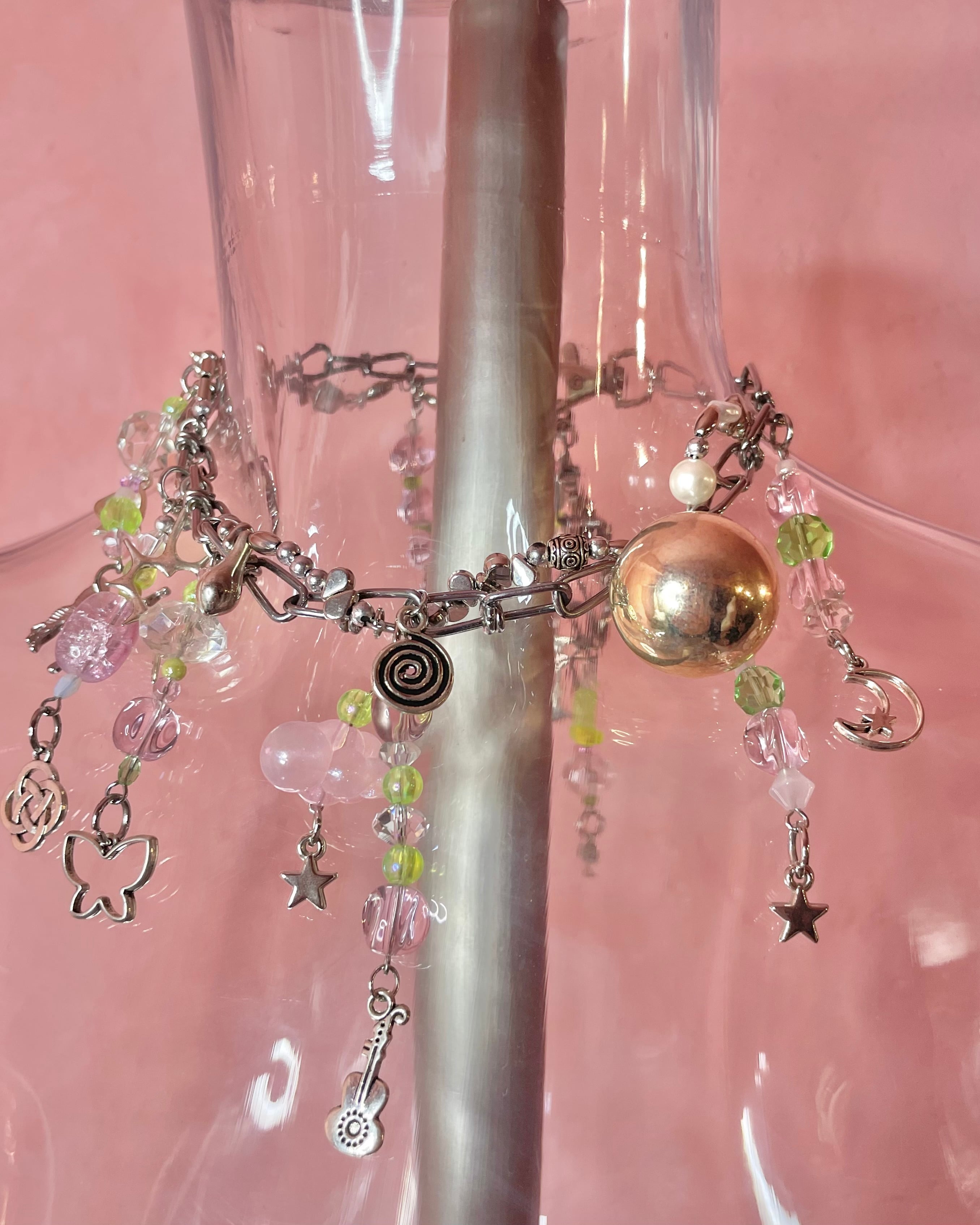 Chunky Charm Necklace 〈Silver pink green〉