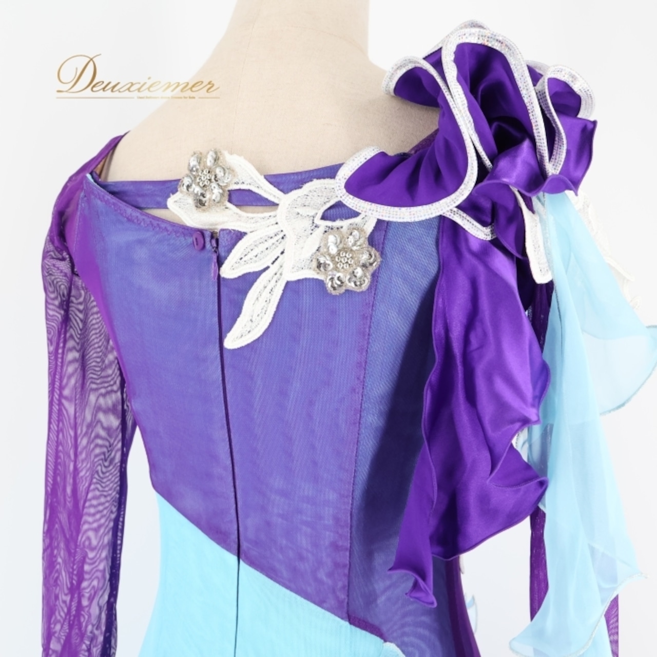 社交ダンス 衣装 スタンダードドレス ワンピース ドレス ブルー系 パープル系 セキネ SEKINE 日本製 紫 水色 フリル レース デモ 競技 パーティ 発表会 かわいい フォーマル ダンスパーティ 舞台衣装 おしゃれ ふんわり パーティー衣装 ダンス衣装