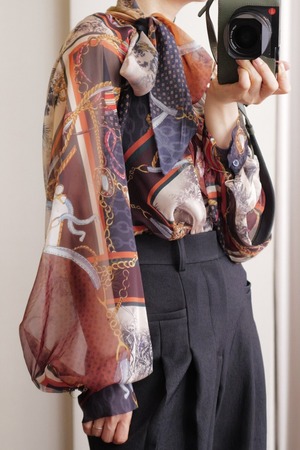 sheer bow/tie scarf print blouse brown