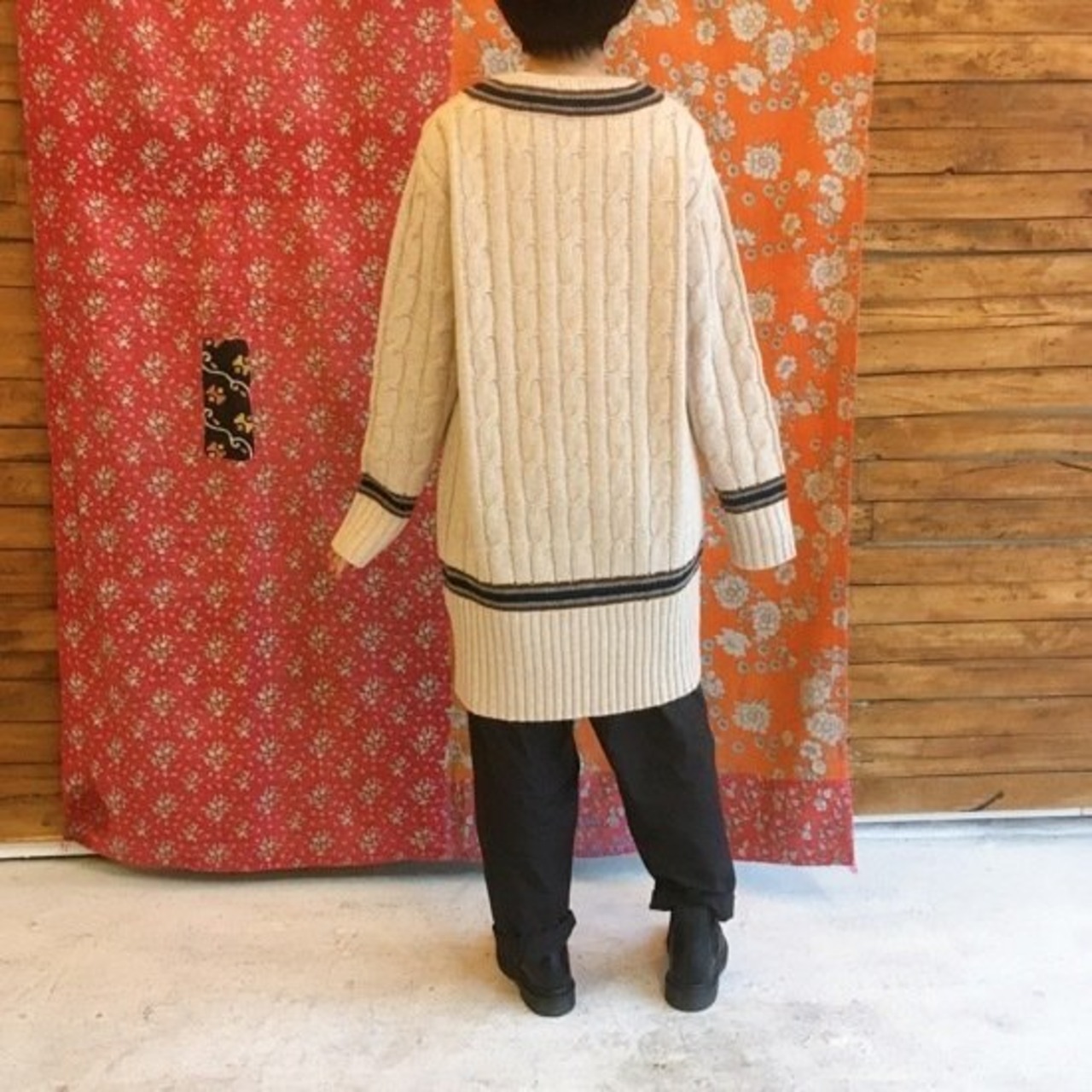 ICHI（イチ）　ラムケーブル　ロングVネックニット　ナチュラル【SALE】