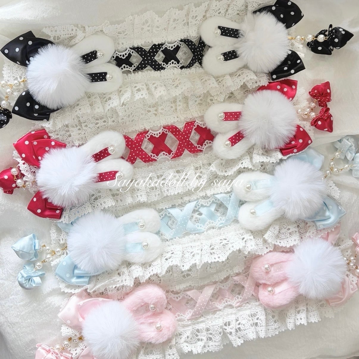 ♡【全4色】MAID Strawberry うさぎさん付きドット柄リボンヘッド
