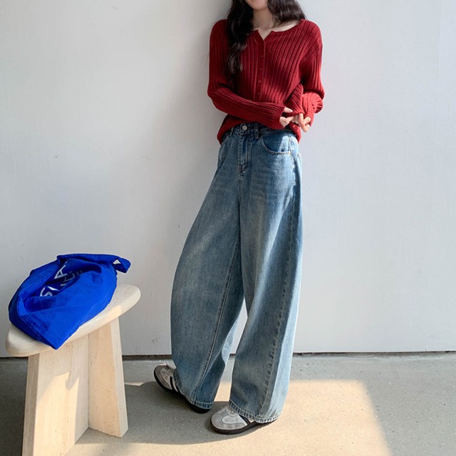 wide straight denim pants　J00491