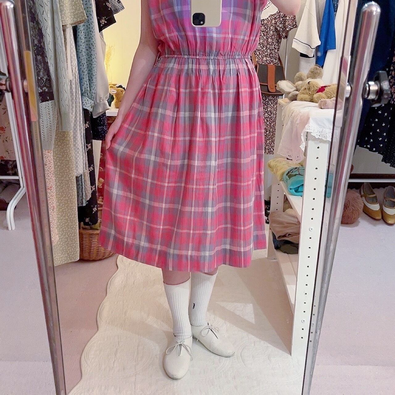 pink gray check button one-piece