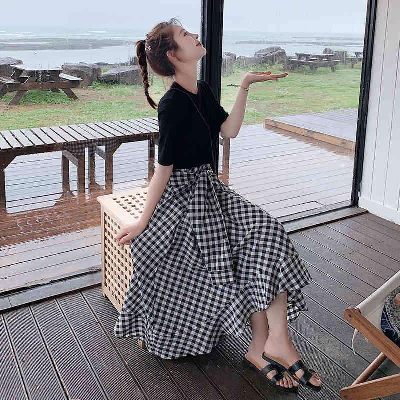 レディース ワンピース コーデ風 ドッキング チェック スカート Tシャツ 半袖 無地 袖あり 異素材MIX 個性的 主役級 シャツ ラップ風 巻きスカート デザイン 裾フレア ミモレ丈 ロング ガーリー 大人可愛い かわいい 可愛い おしゃれ お洒落 通勤 通学 学生 大人女子 お出か レディース ワンピース コーデ風 ドッキング チェック スカート T