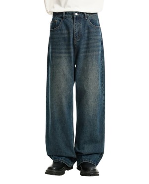 Voguo Vintage Loose Straight-Leg Dark Blue Washed Denim Pants