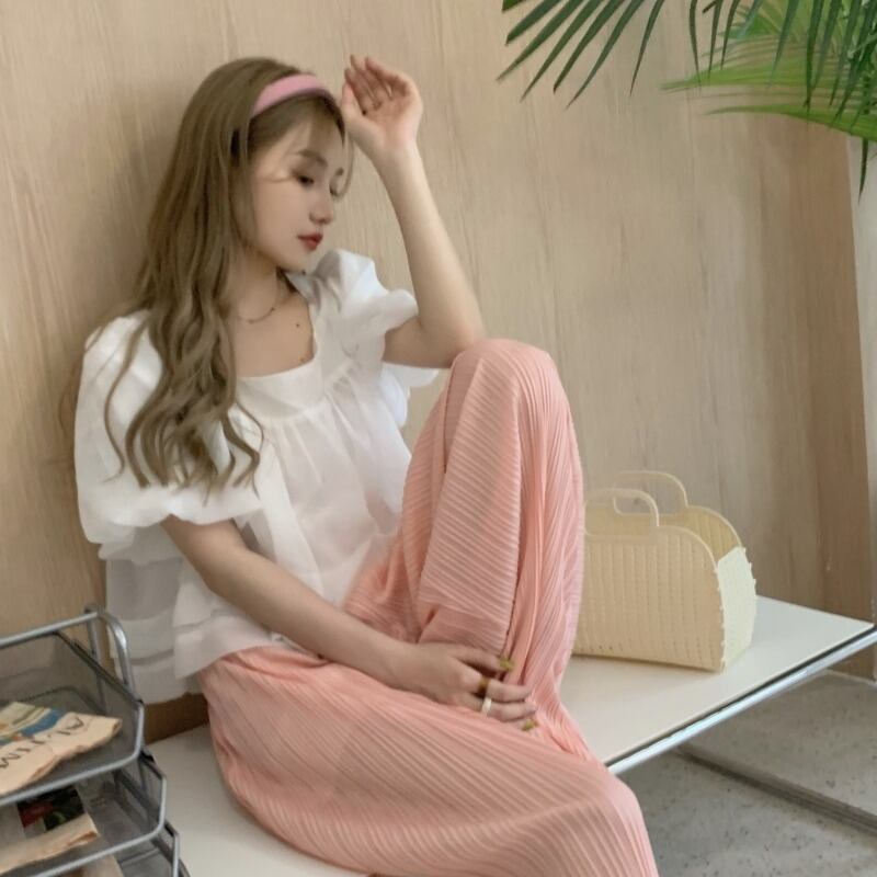 ホワイトスリーブシフォンシャツ サマーショートカラートップス 大人ガーリー スウィート キュート カジュアル 夏物 スクウェア モンロー74930900692