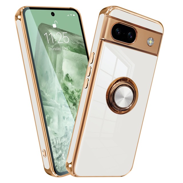 MiaoKeDa グーグルピクセル8a ケース リング 用の Pixel 8A 耐衝撃 スマホケース ホルダー ストラップホール付き TPU メッキ加工 薄型 白