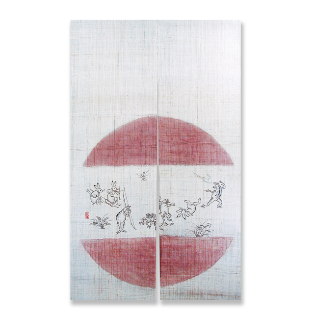 本麻 のれん　鳥獣戯画　寿-手描き-　RR（ローズ）88㎝×150㎝