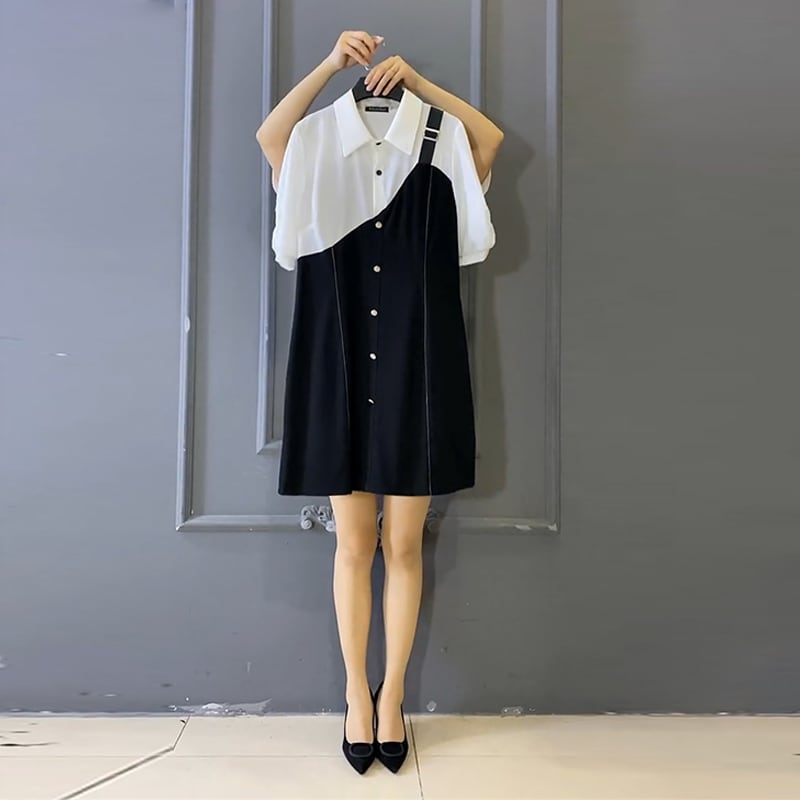 シャツ ドレス ツーピース薄手 大きめサイズ ステッチ ミックスインファッション16016732517