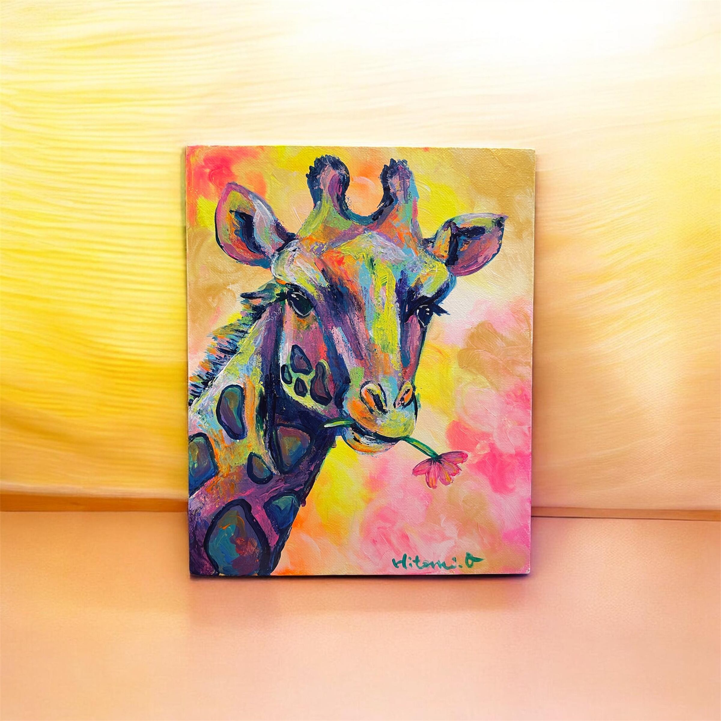 A-75/24】動物画 キリン アクリル画 原画 絵画 現代アート キャンバス