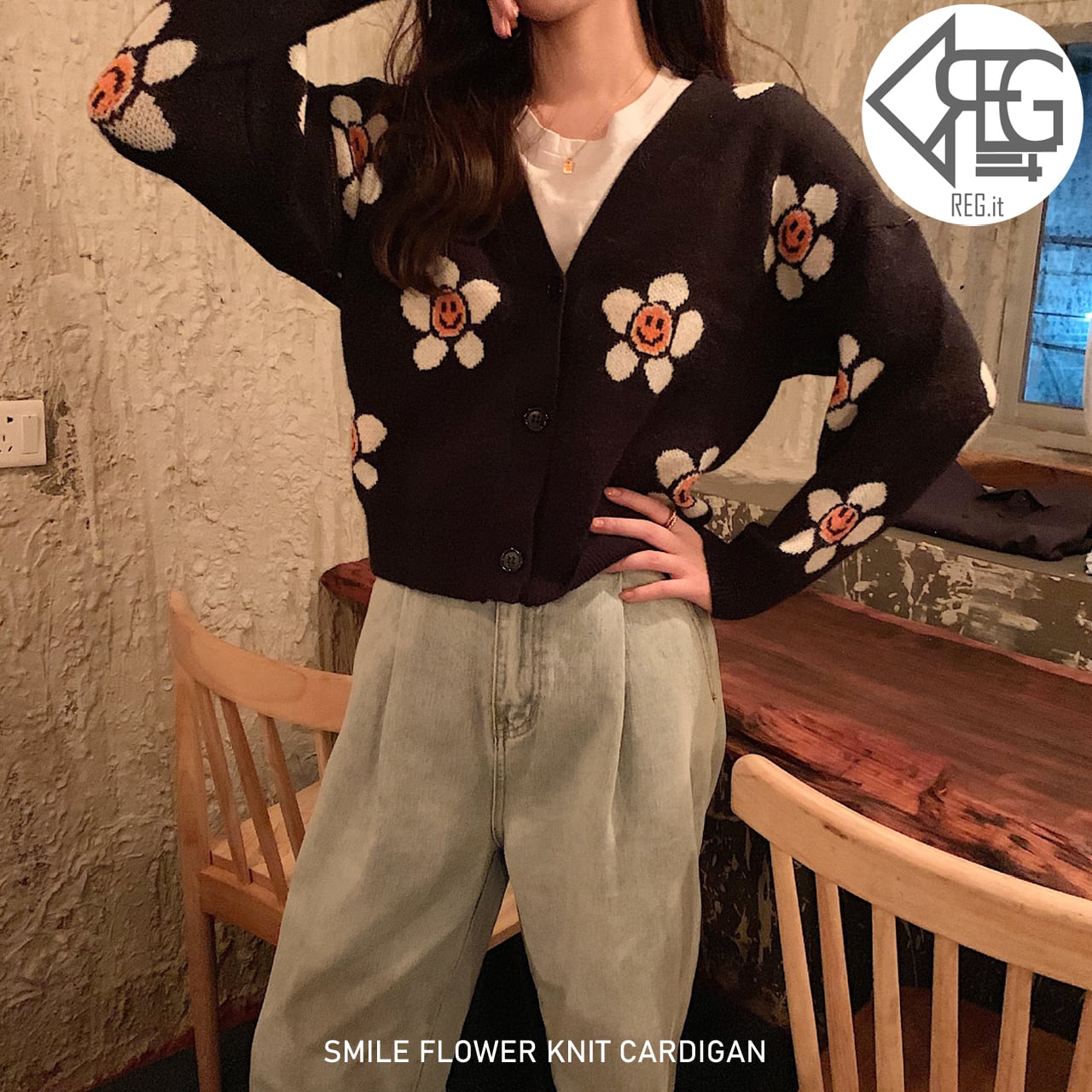 REGIT】【即納】SMILE FLOWER KNIT CARDIGAN-BLACK 韓国ファッション